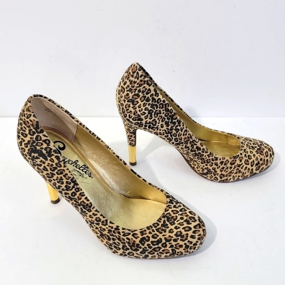 Seychelles Women's Animal Print Leather Pump Sz 6.5 Gold Heels Party Evening